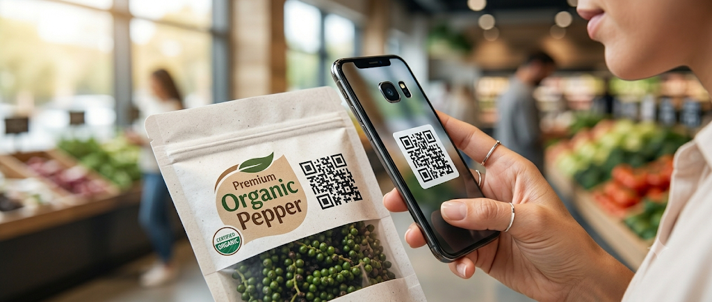 Konsumen memindai kode QR pada kemasan lada organik menggunakan ponsel di toko