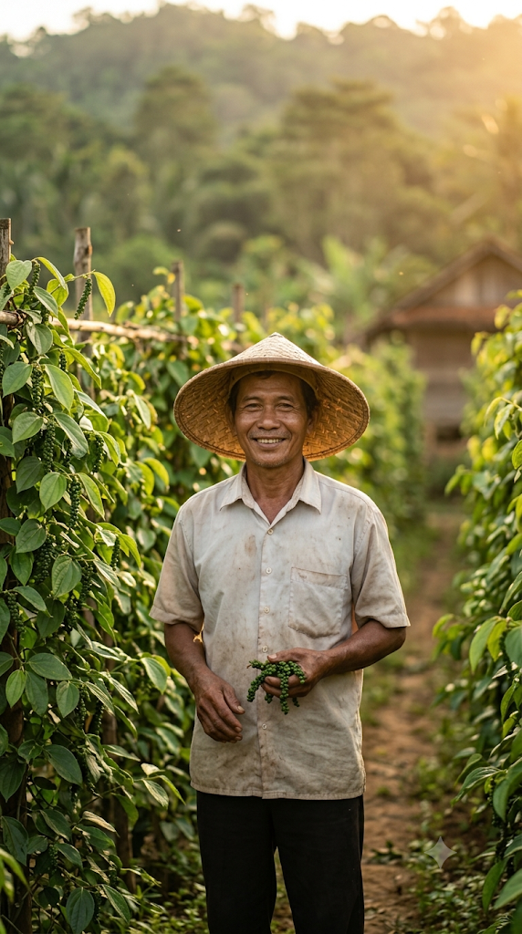 Petani lada mengenakan topi anyaman berdiri di tengah kebun